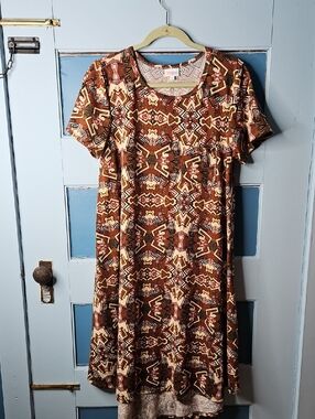LuLaRoe Carly Olive, Black, Red, Cream Geometric Midi Dress Med